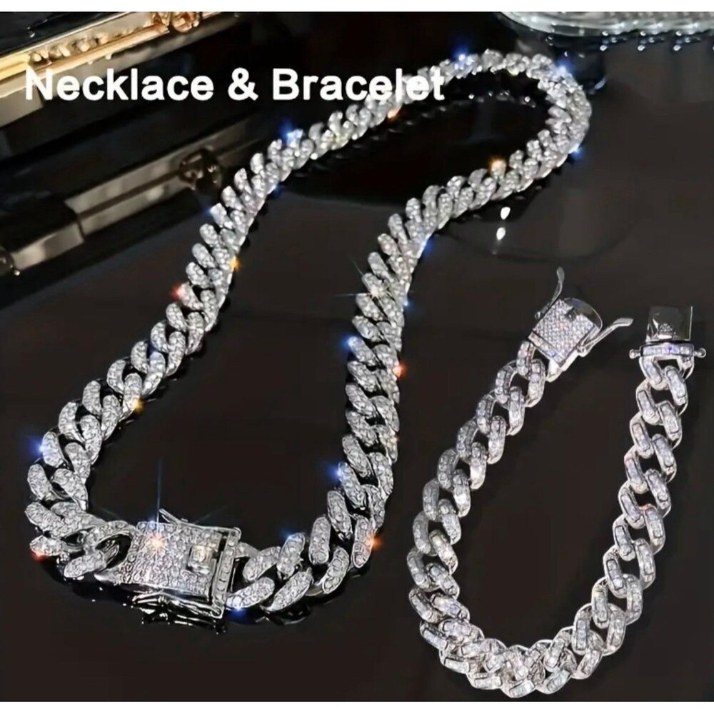 New 18k white gold filled Cuban link chain and bracelet set